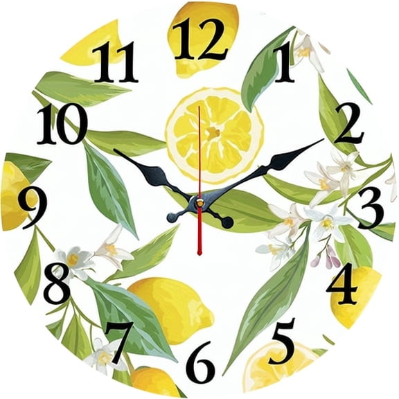 SBEMP10 Inch Silent Wall Clock, Fresh Lemon Flower Leaf Decorative Wall Clock, Battery Operated Non-Ticking Round Clock for Living Room Bedroom Kitchen Home Decor