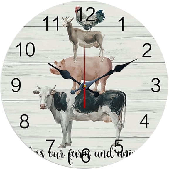 SBEMP10 Inch Silent Wall Clock, Funny Farm Animal Stack Decorative Wall Clock, Battery Operated Non-Ticking Round Clock for Living Room Bedroom Farmhouse Home Decor