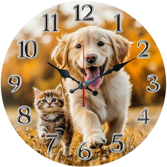 SBEMP10 Inch Silent Wall Clock, Golden Retriever Puppy Kitten Autumn Decorative Wall Clock, Battery Operated Non-Ticking Round Clock for Living Room Bedroom s Room Home Decor