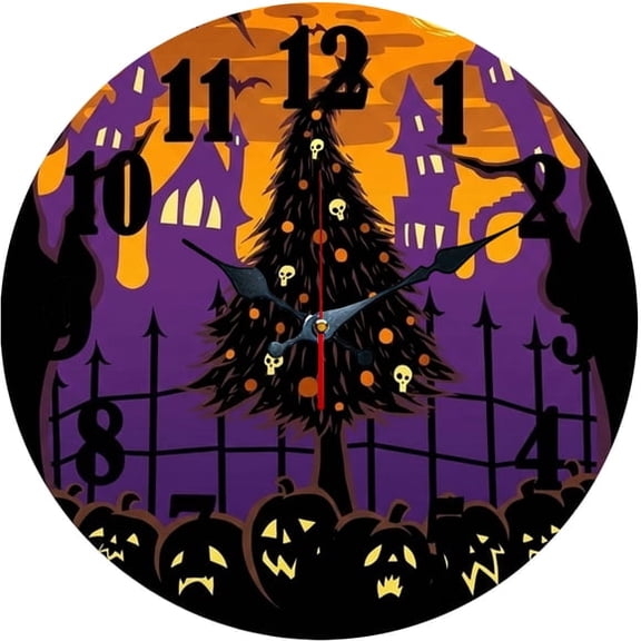 SBEMP10 Inch Silent Wall Clock, Halloween Pumpkin Skull Tree Decorative Wall Clock, Battery Operated Non-Ticking Round Clock for Living Room Bedroom Halloween Home Decor