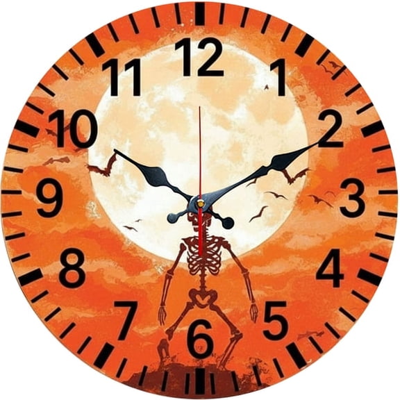 SBEMP10 Inch Silent Wall Clock, Halloween Skeleton Full Moon Bat Decorative Wall Clock, Battery Operated Non-Ticking Round Clock for Living Room Bedroom Halloween Home Decor