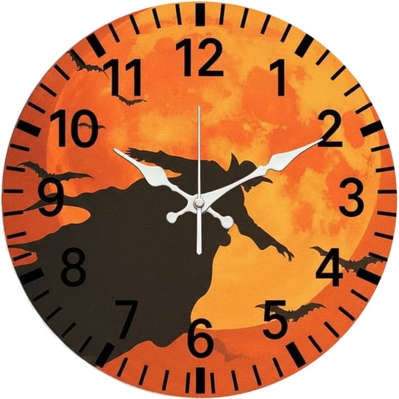 SBEMP10 Inch Silent Wall Clock, Halloween Wizard Bat Silhouette Decorative Wall Clock, Battery Operated Non-Ticking Round Clock for Living Room Bedroom Holiday Home Decor