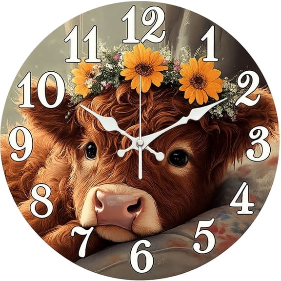 SBEMP10 Inch Silent Wall Clock, Highland Cow Sunflower Decorative Wall Clock, Battery Operated Non-Ticking Round Clock for Living Room Bedroom Farm Home Decor