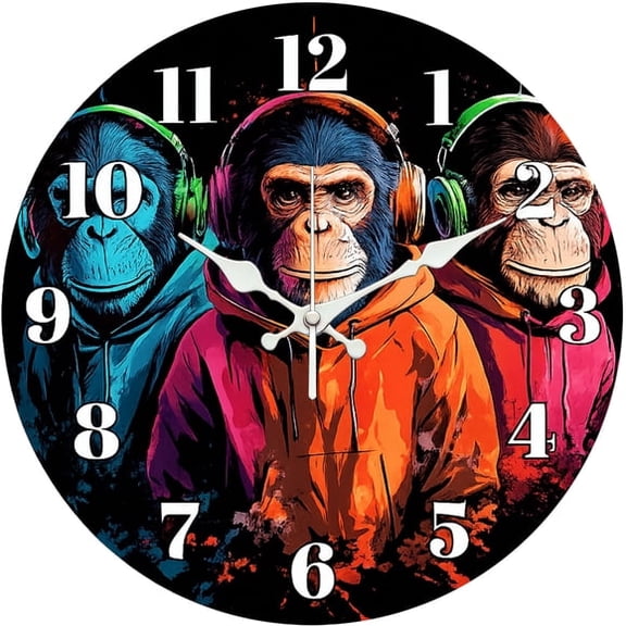 SBEMP10 Inch Silent Wall Clock, Hip Hop Chimpanzee Headphone Decorative Wall Clock, Battery Operated Non-Ticking Round Clock for Living Room Bedroom Game Room Home Decor