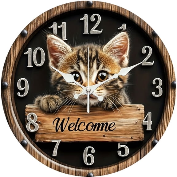 SBEMP10 Inch Silent Wall Clock, Kitten Welcome Wood Decorative Wall Clock, Battery Operated Non-Ticking Round Clock for Living Room Bedroom Cat Lover Home Decor