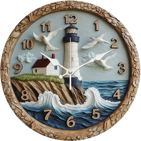 SBEMP10 Inch Silent Wall Clock, Lighthouse Seagull Carved Decorative Wall Clock, Battery Operated Non-Ticking Round Clock for Living Room Bedroom Coastal Home Decor