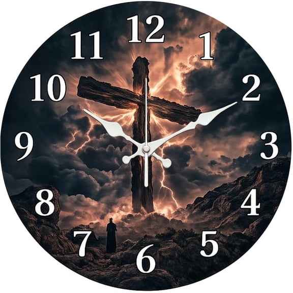 SBEMP10 Inch Silent Wall Clock, Lightning Cross Faith Decorative Wall Clock, Battery Operated Non-Ticking Round Clock for Living Room Bedroom Christian Home Decor