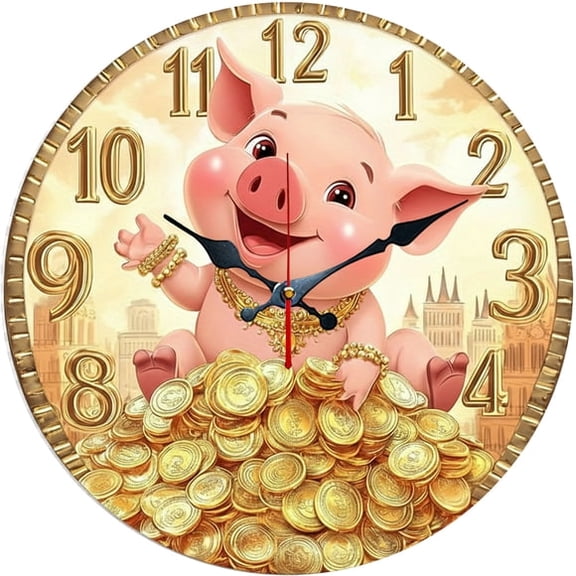 SBEMP10 Inch Silent Wall Clock, Lucky Pig Gold Coin Decorative Wall Clock, Battery Operated Non-Ticking Round Clock for Living Room Bedroom Office Home Decor