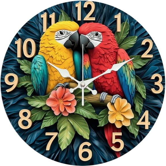 SBEMP10 Inch Silent Wall Clock, Macaw Parrot Tropical Relief Decorative Wall Clock, Battery Operated Non-Ticking Round Clock for Living Room Bedroom Tropical Home Decor
