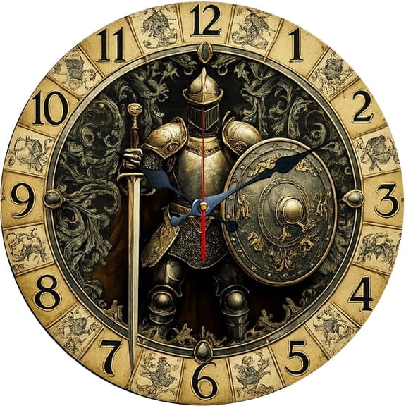 SBEMP10 Inch Silent Wall Clock, Medieval Knight Armor Decorative Wall Clock, Battery Operated Non-Ticking Round Clock for Man Cave Living Room Medieval Home Decor