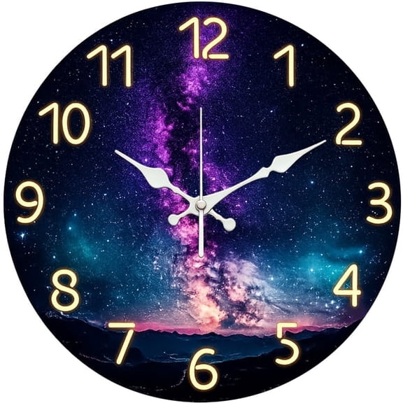 SBEMP10 Inch Silent Wall Clock, Milky Way Starry Sky Glow Decorative Wall Clock, Battery Operated Non-Ticking Round Clock for Living Room Bedroom Galaxy Home Decor