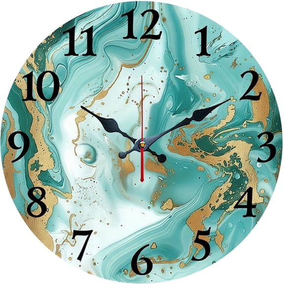 SBEMP10 Inch Silent Wall Clock, Modern Teal Gold Fluid Marble Decorative Wall Clock, Battery Operated Non-Ticking Round Clock for Living Room Bedroom Office Home Decor