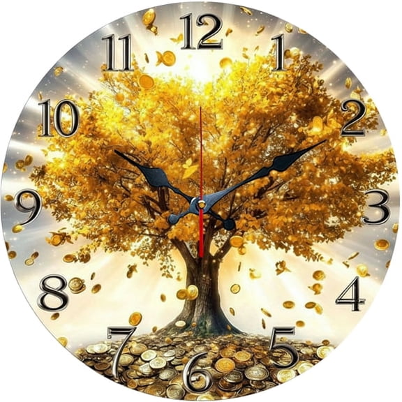 SBEMP10 Inch Silent Wall Clock, Money Tree Gold Coin Decorative Wall Clock, Battery Operated Non-Ticking Round Clock for Living Room Bedroom Office Home Decor