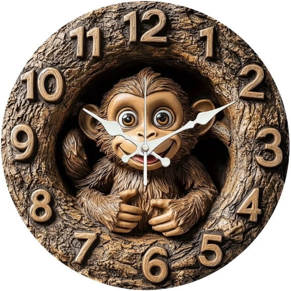 SBEMP10 Inch Silent Wall Clock, Monkey Tree Hole Relief Decorative Wall Clock, Battery Operated Non-Ticking Round Clock for Living Room Bedroom Animal Lover Home Decor
