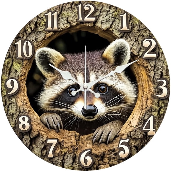 SBEMP10 Inch Silent Wall Clock, Raccoon in Tree Hole 3D Decorative Wall Clock, Battery Operated Non-Ticking Round Clock for Living Room Bedroom Animal Home Decor