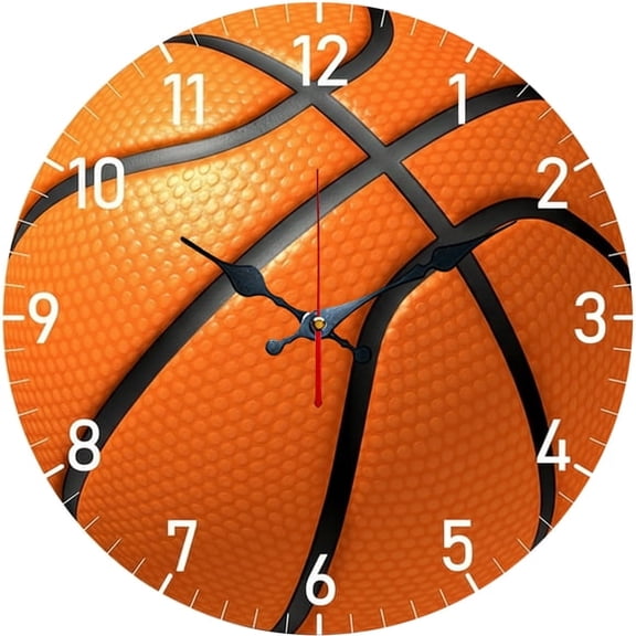 SBEMP10 Inch Silent Wall Clock, Realistic Basketball Texture Decorative Wall Clock, Battery Operated Non-Ticking Round Clock for Living Room Bedroom Boys Room Home Decor
