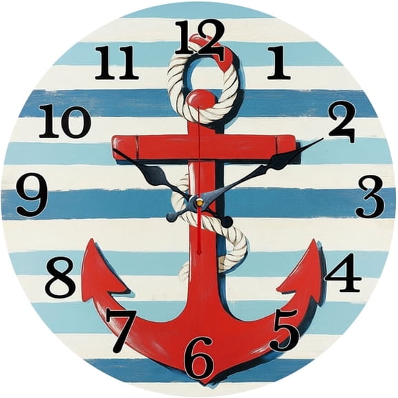 SBEMP10 Inch Silent Wall Clock, Red Blue Stripe Anchor Decorative Wall Clock, Battery Operated Non-Ticking Round Clock for Living Room Bedroom Bathroom Home Decor