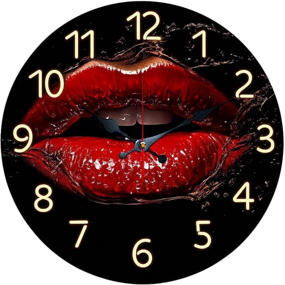 SBEMP10 Inch Silent Wall Clock, Red Lips Water Splash Glowing Decorative Wall Clock, Battery Operated Non-Ticking Round Clock for Living Room Bedroom Glam Home Decor