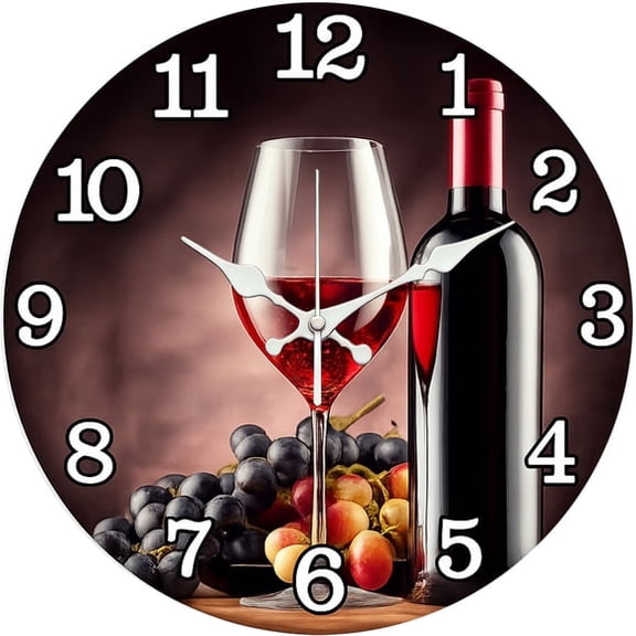 SBEMP10 Inch Silent Wall Clock, Red Wine Grape Food Decorative Wall Clock, Battery Operated Non-Ticking Round Clock for Living Room Kitchen Bar Home Decor