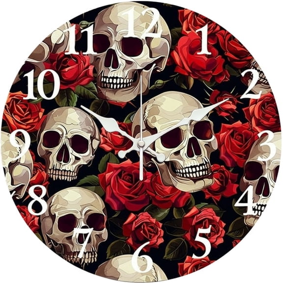 SBEMP10 Inch Silent Wall Clock, Skull and Red Rose Gothic Decorative Wall Clock, Battery Operated Non-Ticking Round Clock for Living Room Bedroom Gothic Home Decor