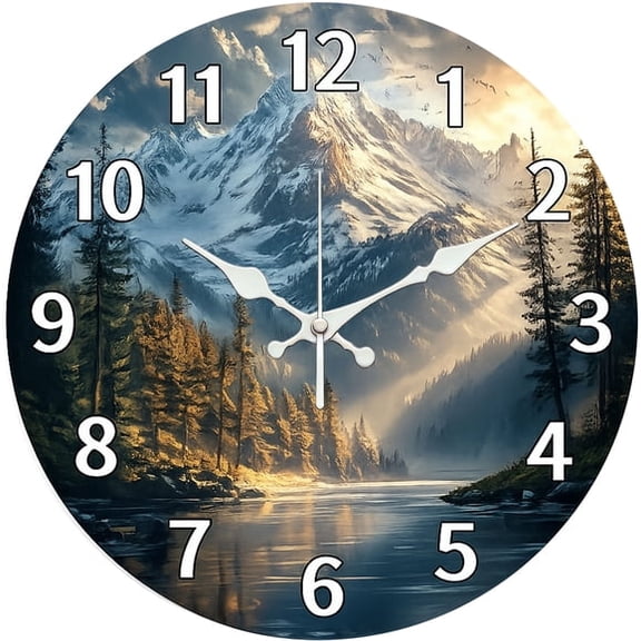 SBEMP10 Inch Silent Wall Clock, Snow Mountain Lake Nature Decorative Wall Clock, Battery Operated Non-Ticking Round Clock for Living Room Bedroom Landscape Home Decor