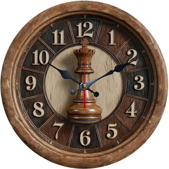 SBEMP10 Inch Silent Wall Clock, Solid Wood Chess King Decorative Wall Clock, Battery Operated Non-Ticking Round Clock for Living Room Bedroom Office Home Decor