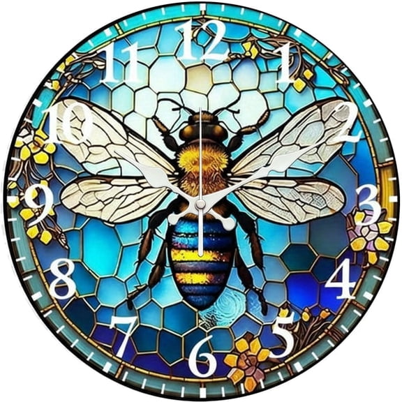 SBEMP10 Inch Silent Wall Clock, Stained Glass Bee Decorative Wall Clock, Battery Operated Non-Ticking Round Clock for Living Room Bedroom Nature Home Decor