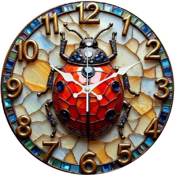 SBEMP10 Inch Silent Wall Clock, Stained Glass Ladybug Decorative Wall Clock, Battery Operated Non-Ticking Round Clock for Living Room Bedroom Nature Home Decor