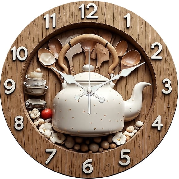 SBEMP10 Inch Silent Wall Clock, Teapot Wooden Kitchen Decorative Wall Clock, Battery Operated Non-Ticking Round Clock for Living Room Kitchen Home Decor