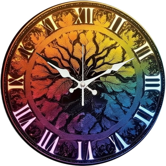 SBEMP10 Inch Silent Wall Clock, Tree of Life Rainbow Roman Numeral Decorative Wall Clock, Battery Operated Non-Ticking Round Clock for Living Room Bedroom Nature Home Decor