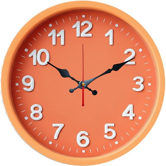 SBEMP10 Inch Silent Wall Clock, Vibrant Orange Minimalist 3D Number Decorative Wall Clock, Battery Operated Non-Ticking Round Clock for Living Room Bedroom Office Home Decor