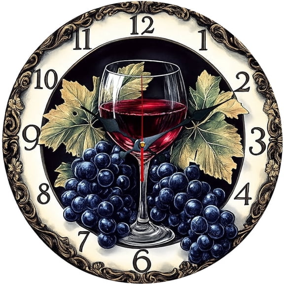 SBEMP10 Inch Silent Wall Clock, Vintage Red Wine Grape Decorative Wall Clock, Battery Operated Non-Ticking Round Clock for Kitchen Living Room Wine Lover Home Decor