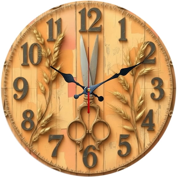 SBEMP10 Inch Silent Wall Clock, Vintage Scissors Wheat Decorative Wall Clock, Battery Operated Non-Ticking Round Clock for Living Room Bedroom Sewing Room Home Decor