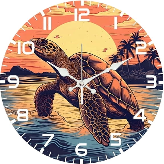 SBEMP10 Inch Silent Wall Clock, Vintage Sea Turtle Sunset Beach Decorative Wall Clock, Battery Operated Non-Ticking Round Clock for Living Room Bedroom Coastal Home Decor