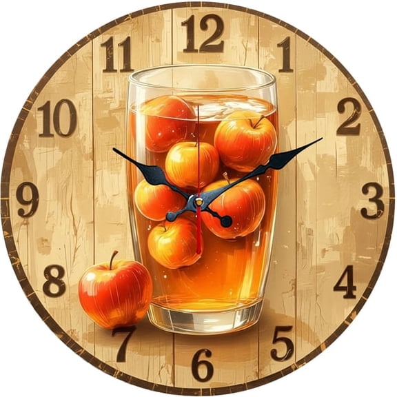 SBEMP10 Inch Silent Wall Clock, Vintage Wood Plank Apple Cup Decorative Wall Clock, Battery Operated Non-Ticking Round Clock for Kitchen Living Room Fruit Home Decor