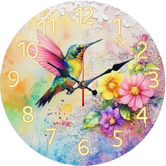 SBEMP10 Inch Silent Wall Clock, Watercolor Hummingbird Flower Decorative Wall Clock, Battery Operated Non-Ticking Round Clock for Living Room Bedroom Nature Home Decor