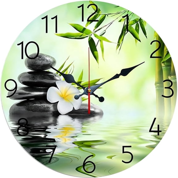 SBEMP10 Inch Silent Wall Clock, Zen Bamboo Stone Plumeria Decorative Wall Clock, Battery Operated Non-Ticking Round Clock for Living Room Bedroom Spa Home Decor