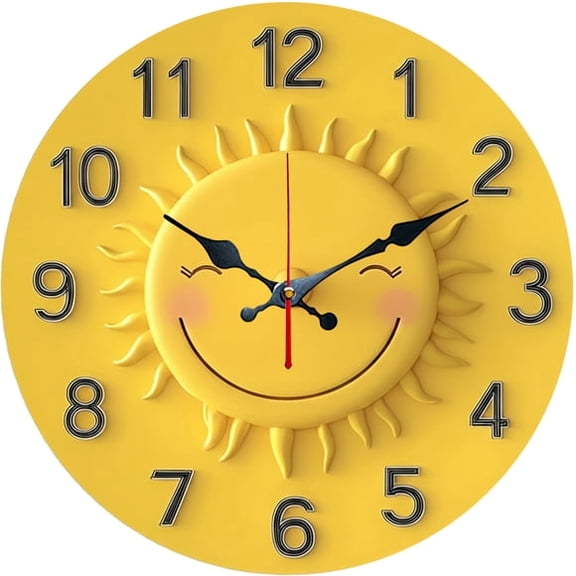 SBEMP10in Silent Wall Clock, 3D Smiling Sun Decorative Wall Clock, Battery Operated Non-Ticking Round Clock for Living Room Bedroom s Room Home Decor