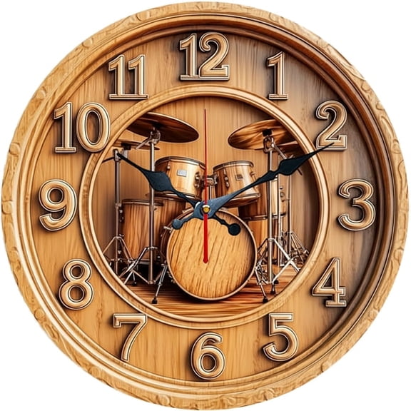 SBEMP10in Silent Wall Clock, 3D Solid Wood Drum Set Decorative Wall Clock, Battery Operated Non-Ticking Round Clock for Living Room Bedroom Music Room Home Decor
