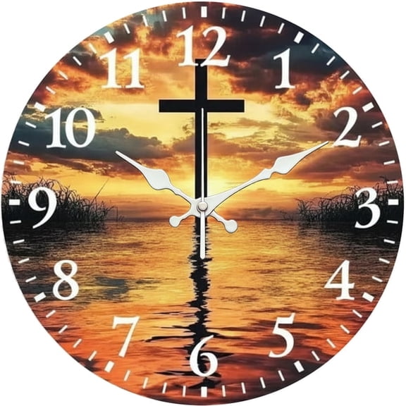 SBEMP10in Silent Wall Clock, Cross Sunset Sea Religious Decorative Wall Clock, Battery Operated Non-Ticking Round Clock for Living Room Bedroom Christian Home Decor