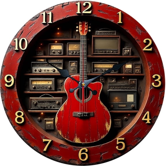 SBEMP10in Silent Wall Clock, Vintage Guitar Radio Decorative Wall Clock, Battery Operated Non-Ticking Round Clock for Living Room Bedroom Music Home Decor