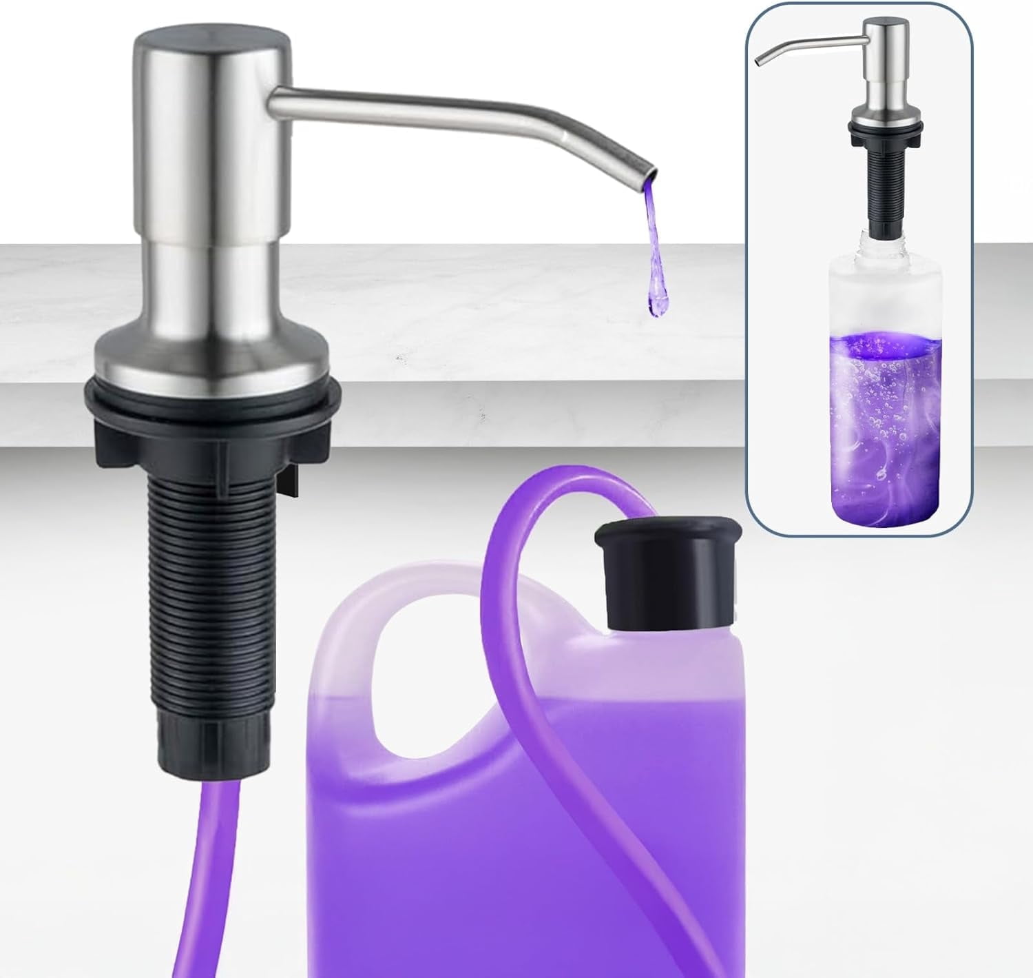 SBEN Built-in Kitchen Sink Soap Dispenser – Stainless Steel Brushed Nickel Pump, 17 oz Bottle and Extension Tube Kit 47"