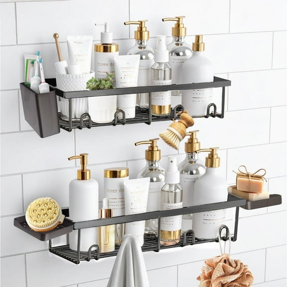 SBEN Black Shower Caddy  No-drill, 5 pack rustproof organizer with 2 soap dishes, toothbrush holder, 8 hooks & large shelves for bathroom storage.