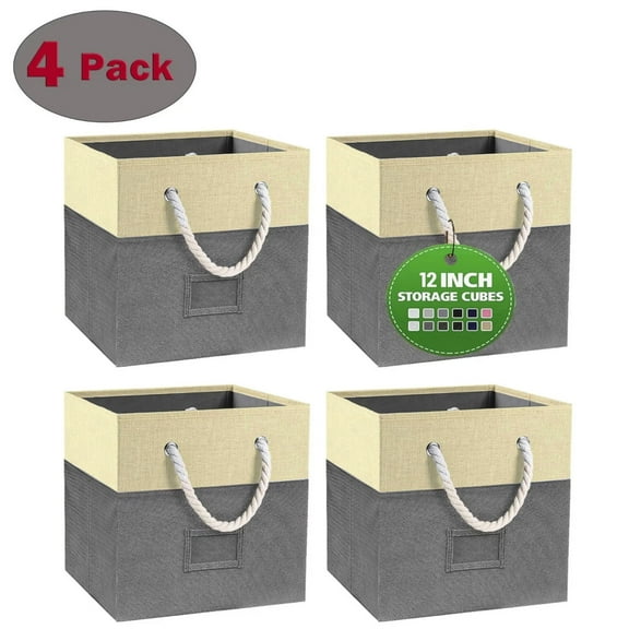 SBYOJLPB 12 Inch Foldable Storage Bins 4 Piece Set Fabric Closet Drawers Organizer with Handles for Organizing Shelf Cabinet Gray
