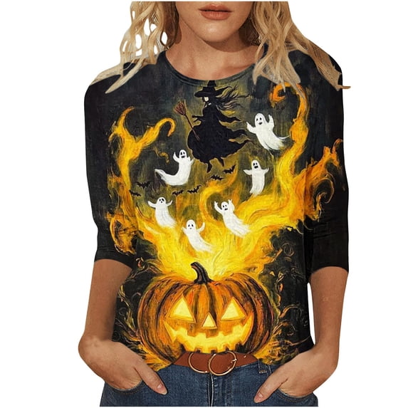 SBYOJLPB 3/4 Sleeve Tops for Women Halloween Printed Crew Neck Pullover Top