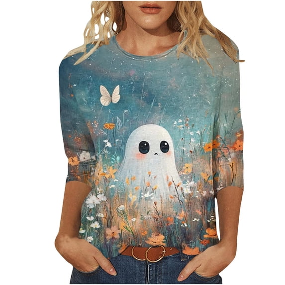 SBYOJLPB 3/4 Sleeve Tops for Women Halloween Printed Crew Neck Pullover Top