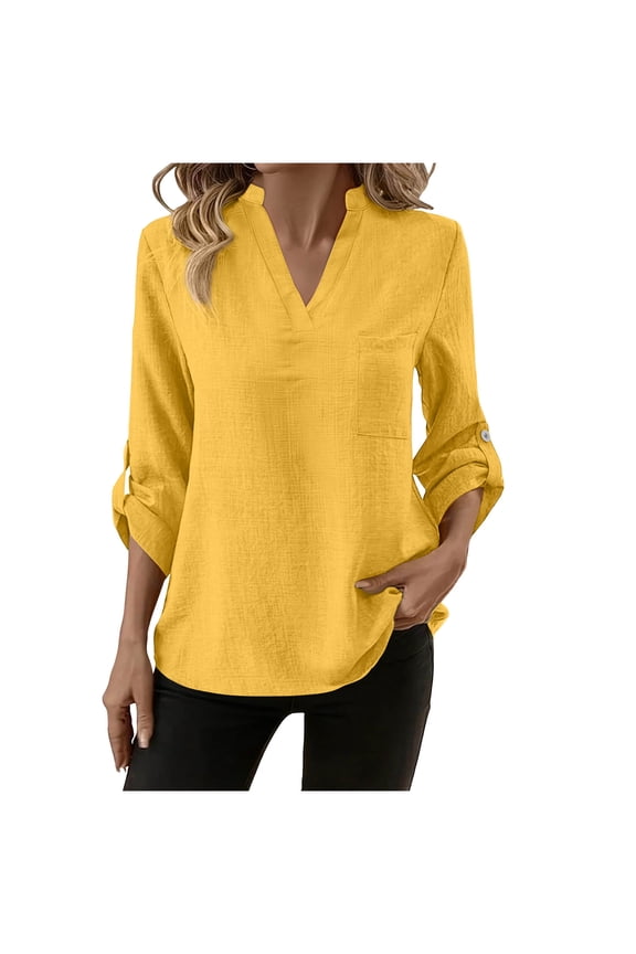 3/4 Sleeved Top Women's Spring and Summer 3/4 Sleeve V-Neck Solid Color shirt Blouses Tops Casual Tops