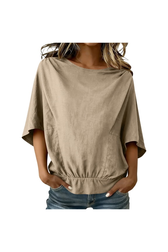 3/4 Sleeved Top for Women Shoulder Pleated Linen Quarter Sleeve Top Fashionable Solid Color Shirt