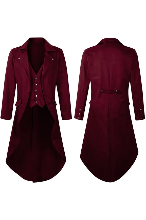 Activity Promotions Mens Gothic Solid Color Top Steampunk Medieval Tailcoat Uniform Performance Suit Lapel Jacket Wine 8(L)