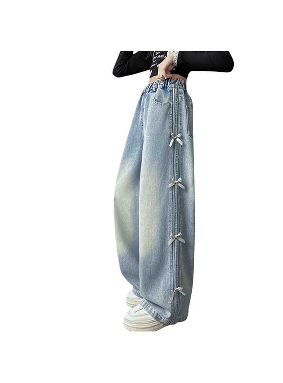 Baggy Jeans for Childrens Casual Wide Leg Pants with Cute Bow Elastic Waisted Denim Pants Skater Streetwear